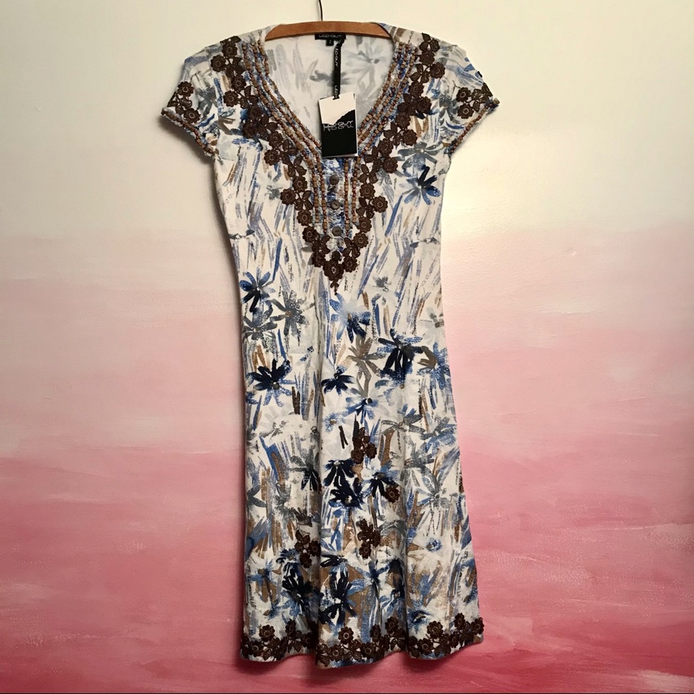 Leo Guy Embroidered Beaded Floral Knit Dress Sz 2